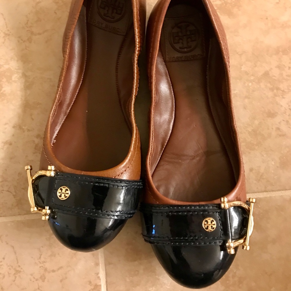 Tory Burch Noel Flats Navy and Brown Soft Leather